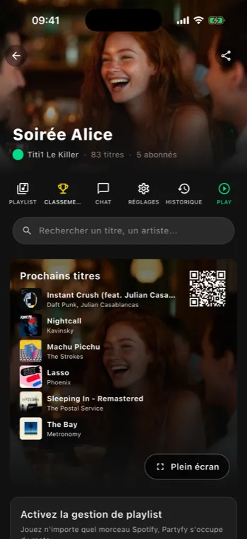 Mode live Partyfy affichant le QR code de partage de la soirée